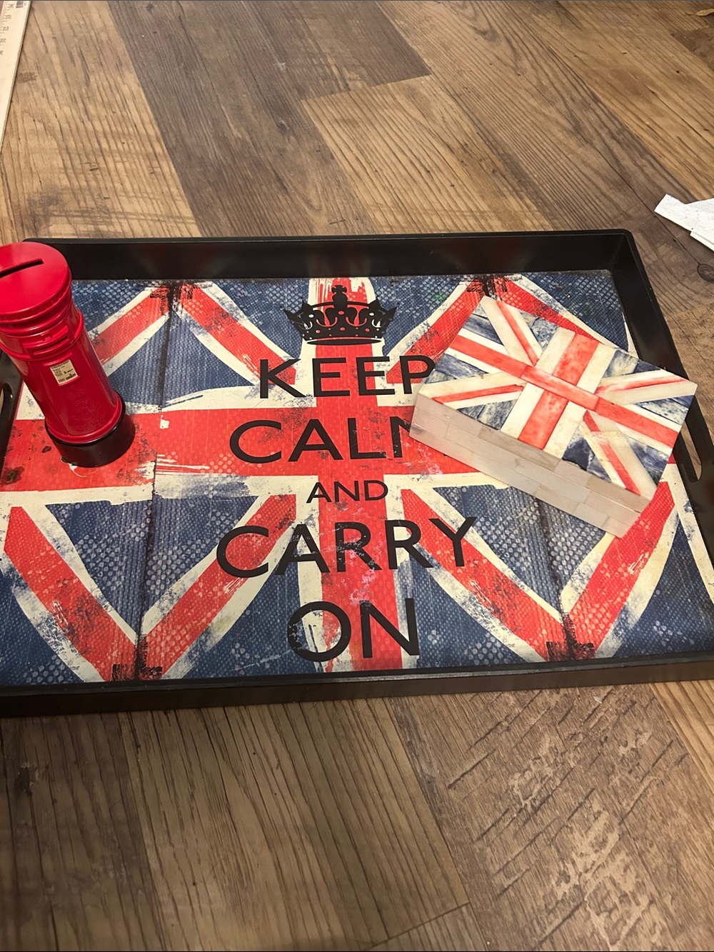 🇬🇧VTG Keep Calm Union Jack Tray red post box piggy bank mother of pearl trinket